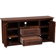 Angled view of the Trail Ridge Reclaimed Barnwood Widescreen TV Stand with doors and drawers open
