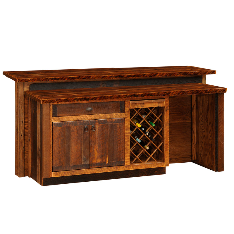 Angled view of the Traver Peak Reclaimed Barnwood Bar with Sink Cabinet with an Artisan Top