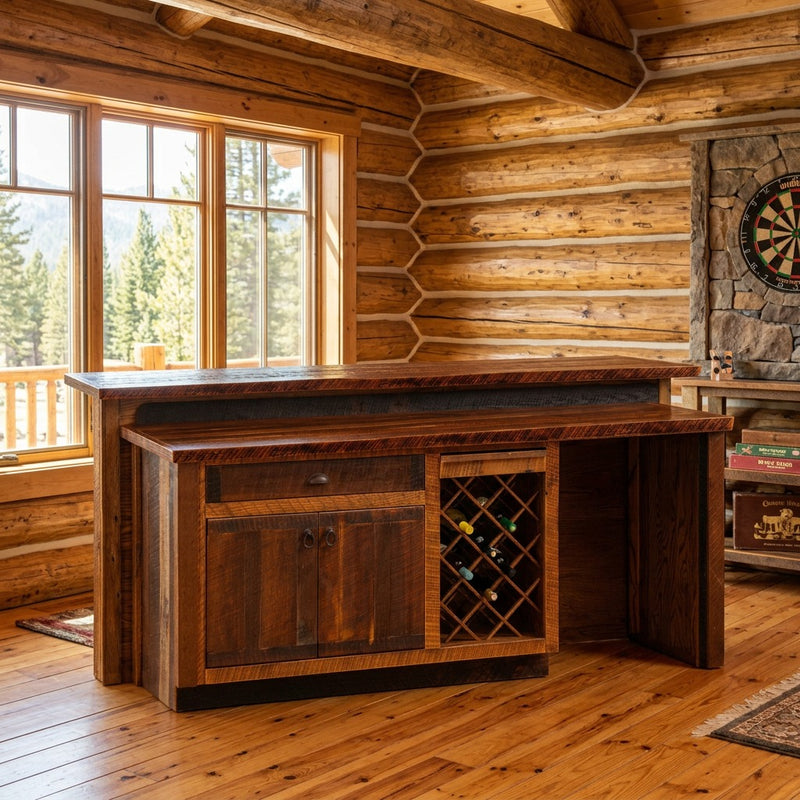 Traver Peak Reclaimed Barnwood Bar with Sink Cabinet staged in a sunlit log cabin game room