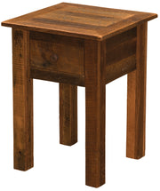 Angled view of the Treasure Mountain Reclaimed Barnwood Nightstand showing the single drawer and plank top
