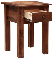 Angled view of the Treasure Mountain Reclaimed Barnwood Nightstand with the dovetailed drawer open