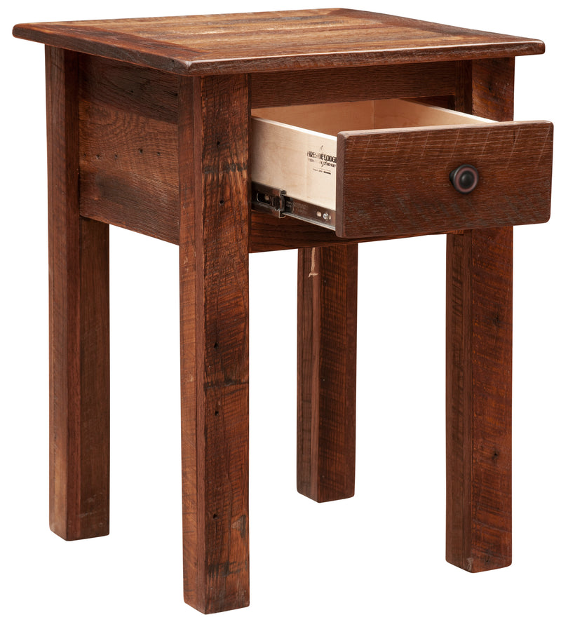 Angled view of the Treasure Mountain Reclaimed Barnwood Nightstand with the dovetailed drawer open