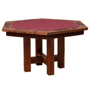 Angled view of the Treasurevault Mountain Reclaimed Barnwood Poker Table in the 6-sided timber base style