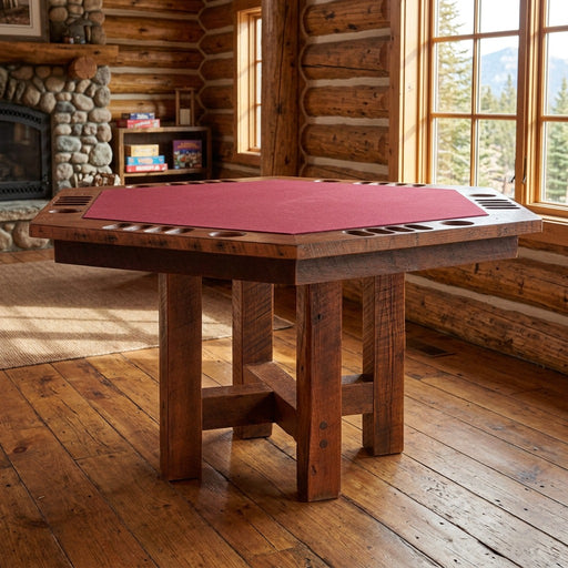 Treasurevault Mountain Reclaimed Barnwood Poker Table staged in a sunlit log cabin game room