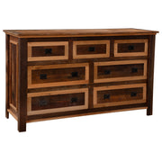 Angled view of the Treasury Mountain Reclaimed Barnwood Seven Drawer Dresser