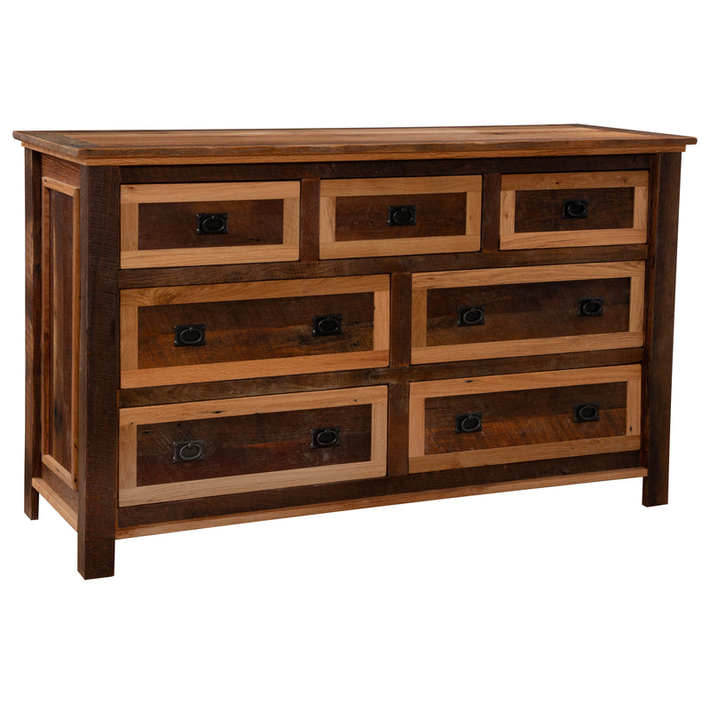 Angled view of the Treasury Mountain Reclaimed Barnwood Seven Drawer Dresser