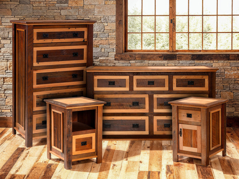 Treasury Mountain Reclaimed Barnwood Seven Drawer Dresser shown with the matching barnwood chest and nightstands