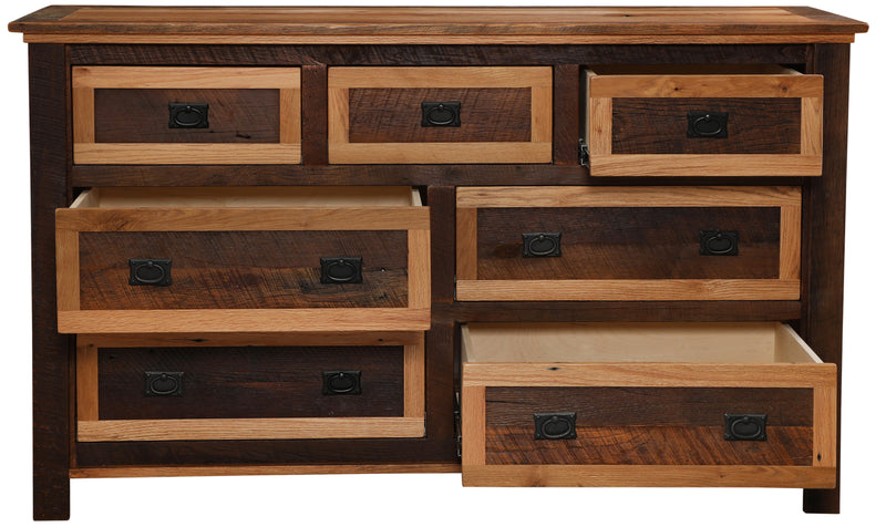 Front view of the Treasury Mountain Reclaimed Barnwood Seven Drawer Dresser with drawers open