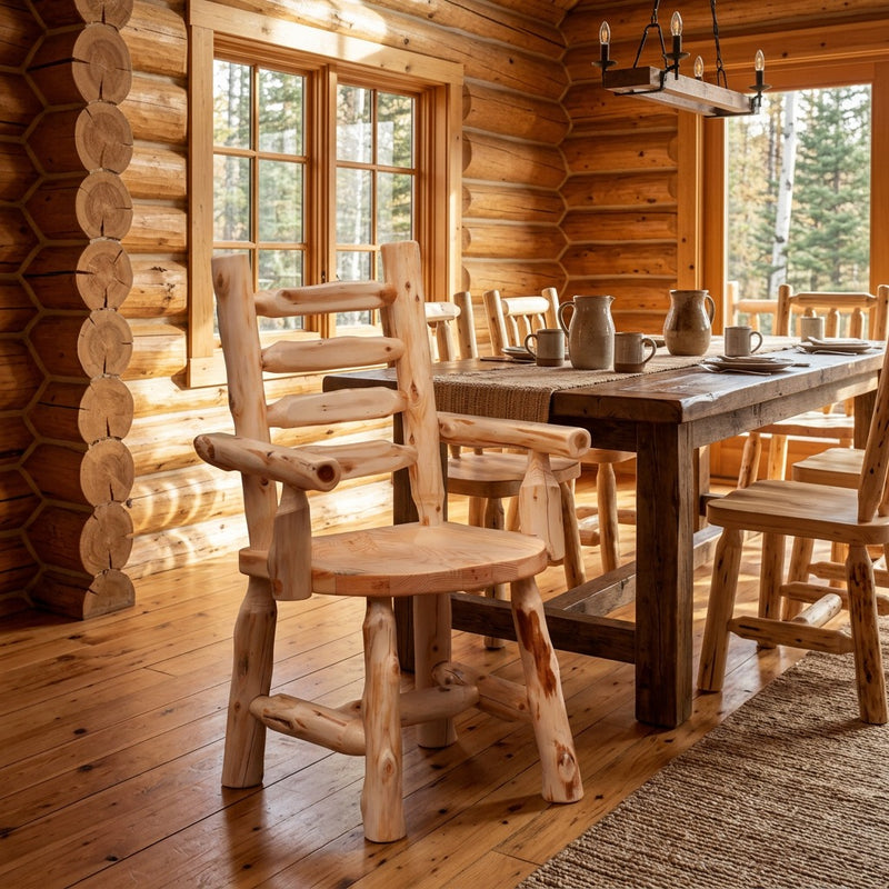 Trinity Peak Cedar Ladder Back Arm Chair staged in a sunlit log cabin dining room