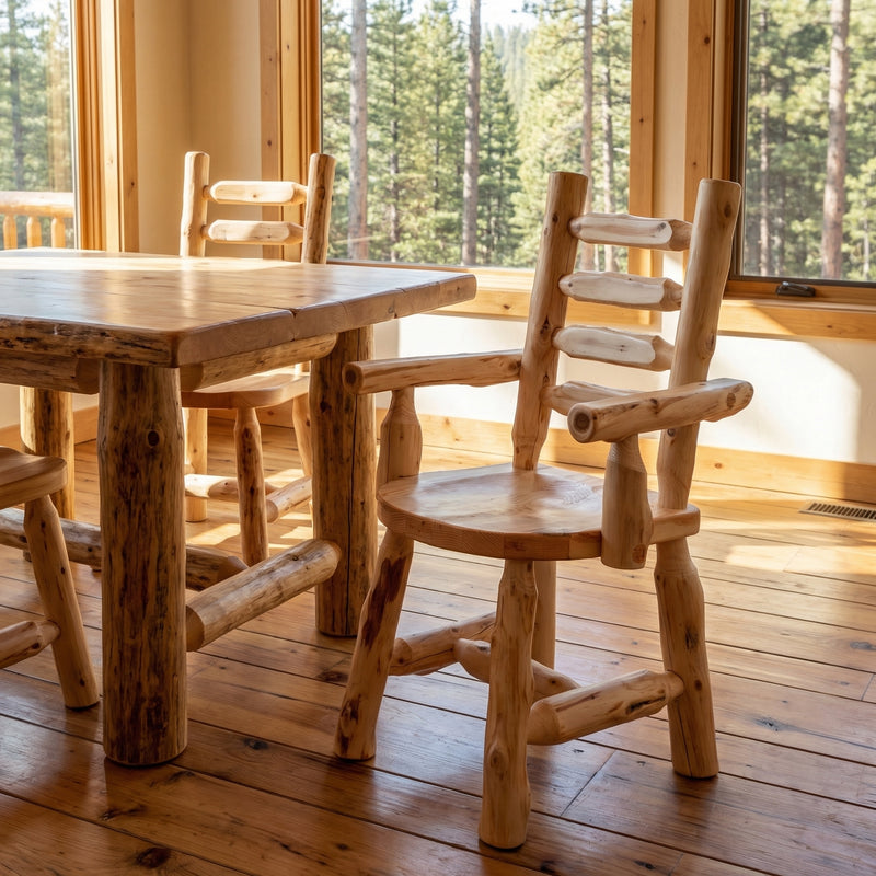 Trinity Peak Cedar Ladder Back Arm Chair in a rustic dining room