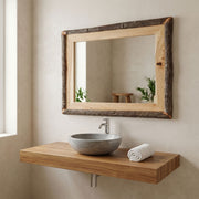 Turret Peak Hickory Log Mirror above a vanity in a lodge bathroom