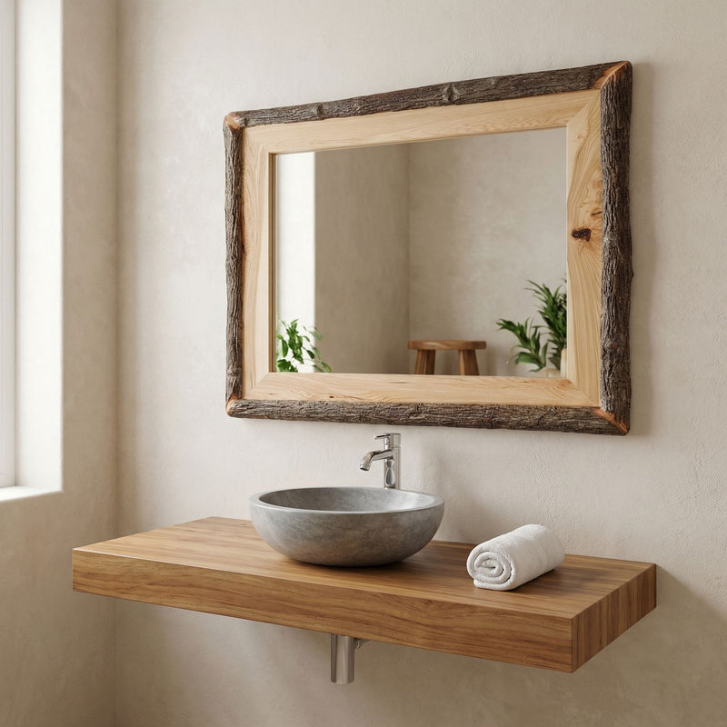 Turret Peak Hickory Log Mirror above a vanity in a lodge bathroom