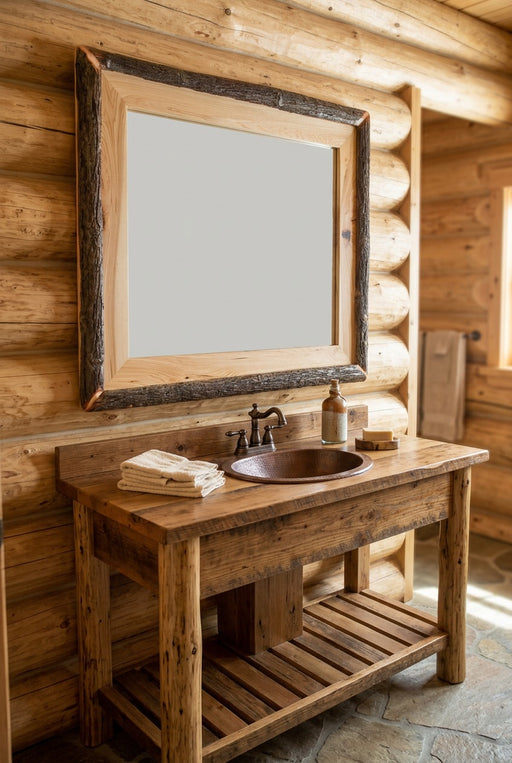 Turret Peak Hickory Log Mirror staged in a sunlit log cabin bathroom