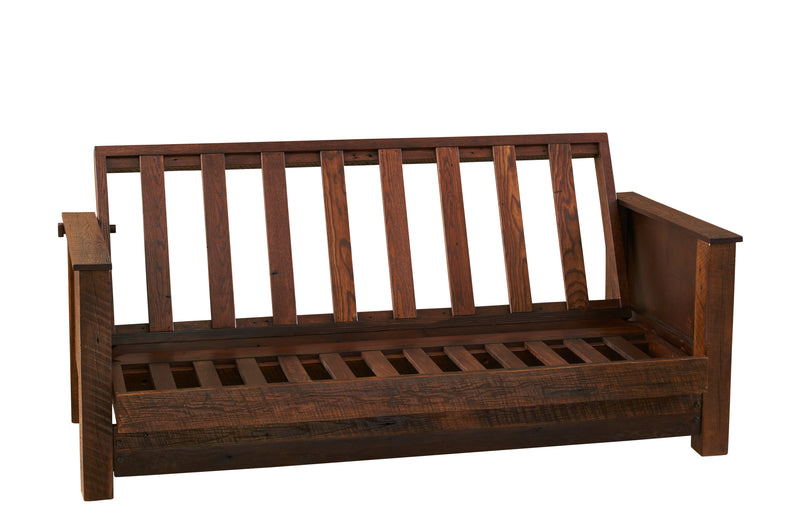 Angled view of the Tweto Mountain Reclaimed Barnwood Futon