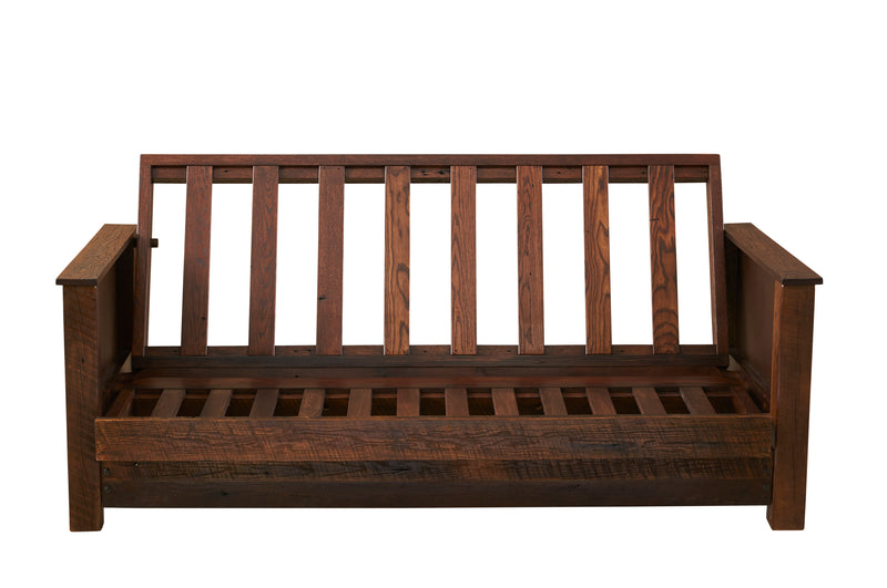 Front view of the Tweto Mountain Reclaimed Barnwood Futon frame