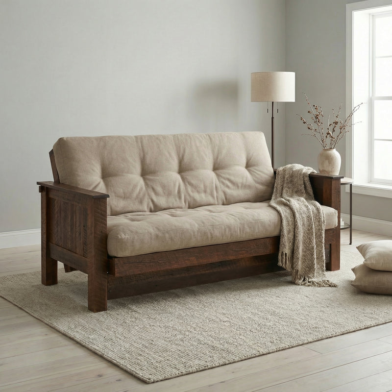 Tweto Mountain Reclaimed Barnwood Futon with an optional tufted cover in a bright living room