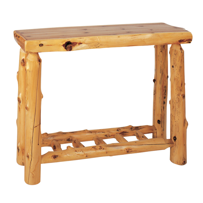 Angled view of the Twilight Peak Cedar Log Open Sofa Table