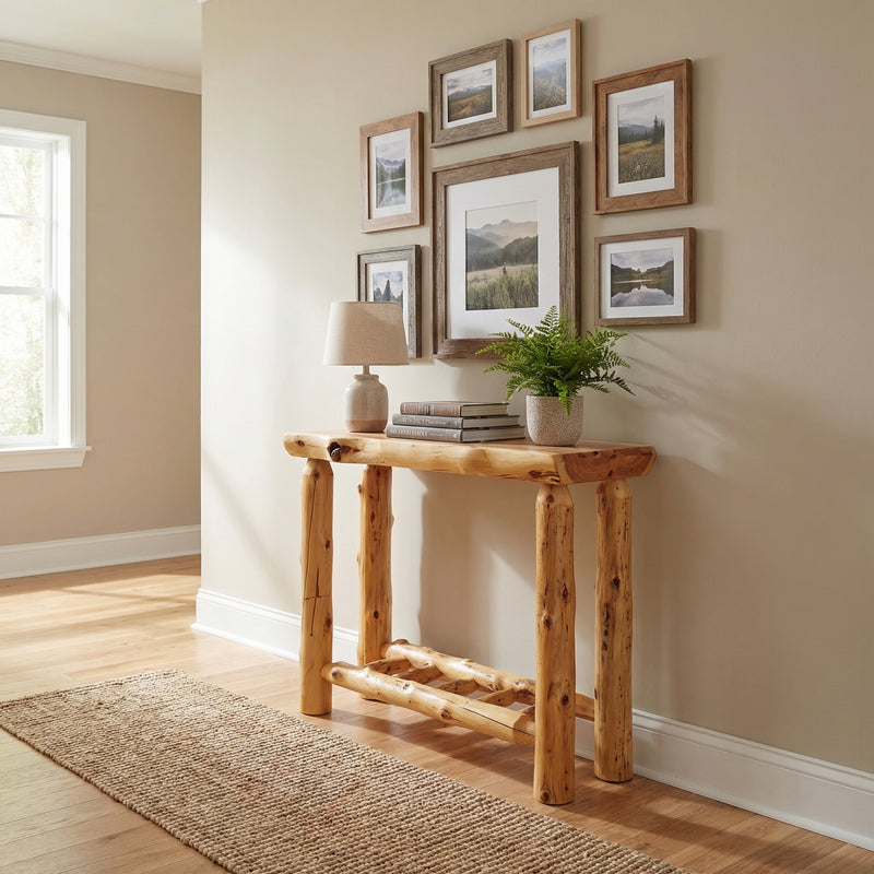 Twilight Peak Cedar Log Open Sofa Table in a rustic cabin living room