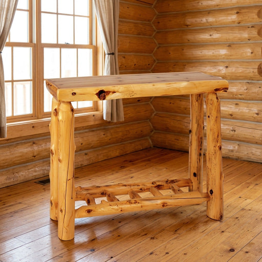 Twilight Peak Cedar Log Open Sofa Table staged in a sunlit log cabin living room