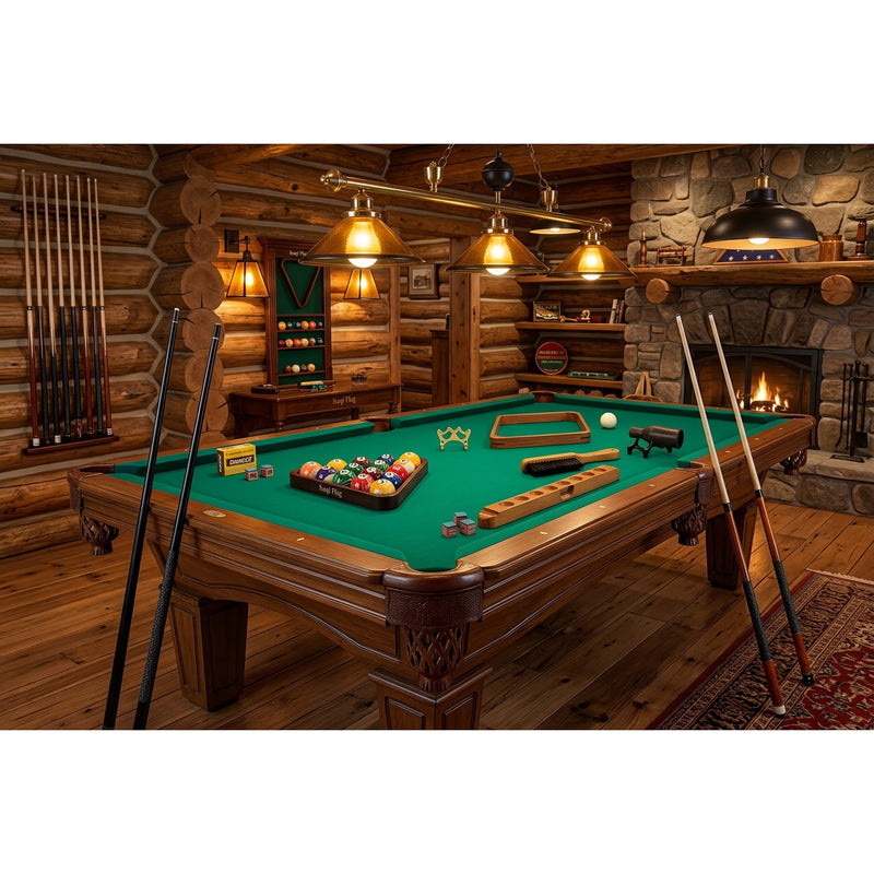 Twin Lakes Peak Deluxe Pool Table Accessory Kit on a pool table in a rustic log cabin game room