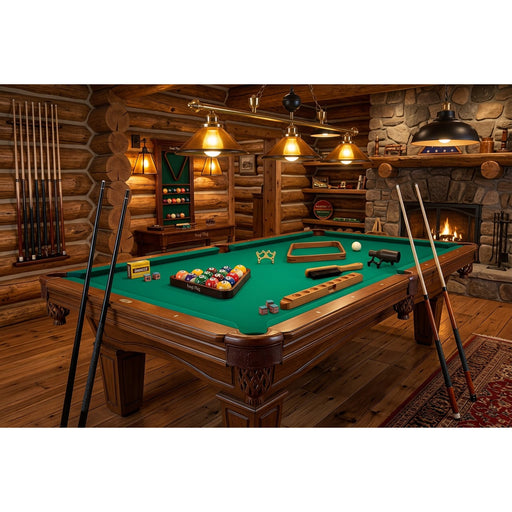 Twin Lakes Peak Deluxe Pool Table Accessory Kit on a pool table in a rustic log cabin game room