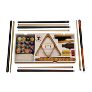 Contents of the Twin Lakes Peak Deluxe Pool Table Accessory Kit including balls, cues, and racks