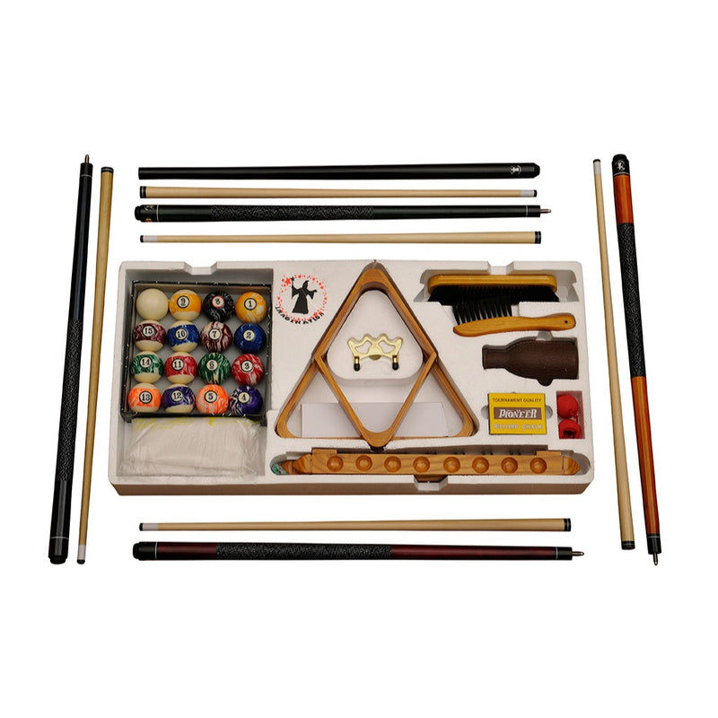 Contents of the Twin Lakes Peak Deluxe Pool Table Accessory Kit including balls, cues, and racks
