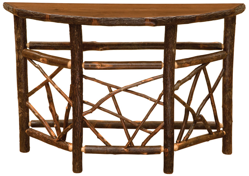Angled view of the Twin Owls Hickory Log Twig Entry Table in Espresso showing the twig base