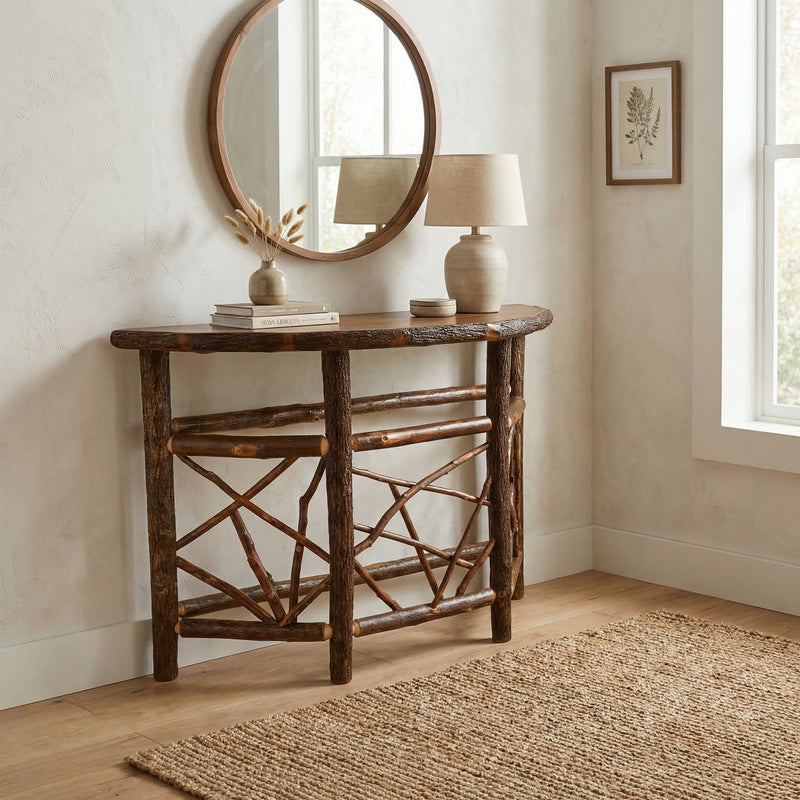 Twin Owls Hickory Log Twig Entry Table in Espresso below a round mirror in a bright entryway