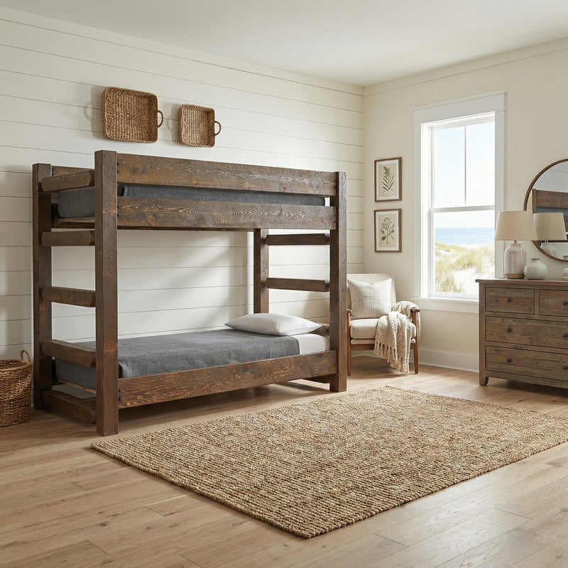 Twin Sisters Peak Pine Bunk Bed in a bright cabin bunk room