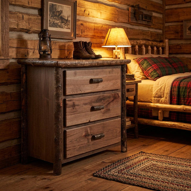 Twining Peak Hickory Log Chest of Drawers in Slate beside a log bed in a lamplit cabin bedroom