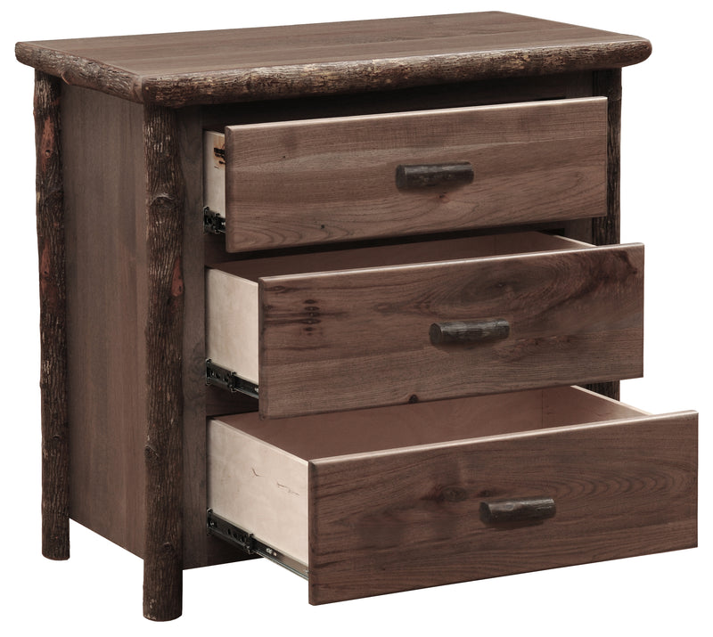 Angled view of the Twining Peak Hickory Log Chest of Drawers in Slate with all three drawers open