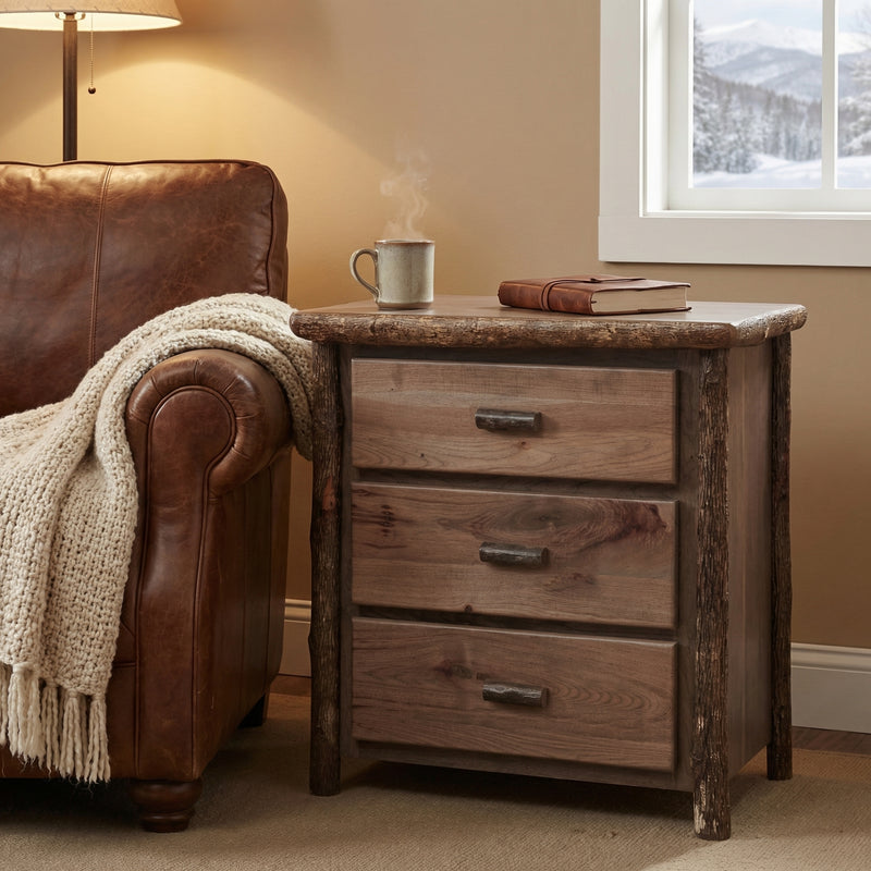 Twining Peak Hickory Log Chest of Drawers in Slate beside a leather armchair with a cream throw near a window