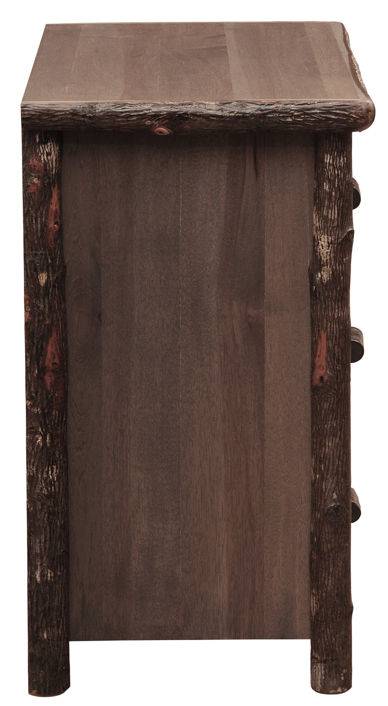 Side view of the Twining Peak Hickory Log Chest of Drawers in Slate showing the side panel and log posts