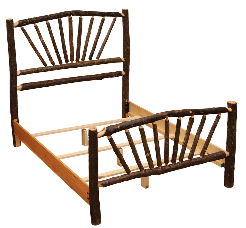 Angled frame view of the Uncompahgre Peak Hickory Sunburst Bed without mattress showing hardwood side rails and slats