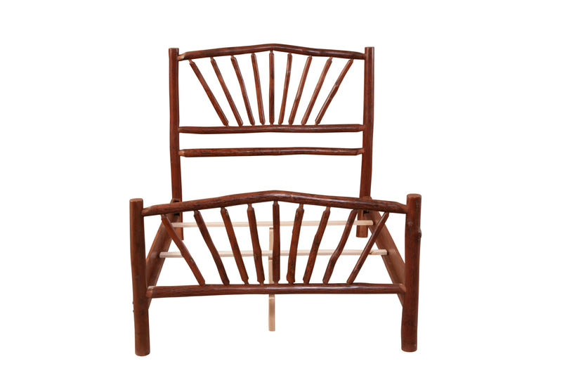 Straight-on frame view of the Uncompahgre Peak Hickory Sunburst Bed with sunburst headboard and footboard