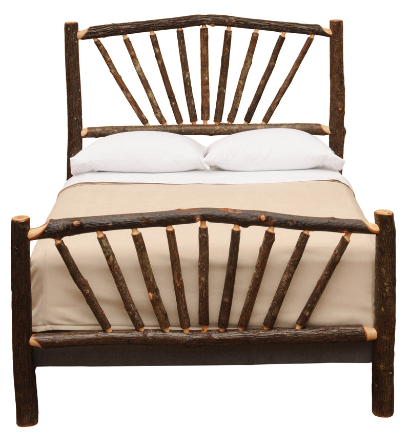 Front view of the Uncompahgre Peak Hickory Sunburst Bed showing the fanned hickory spokes of the sunburst footboard