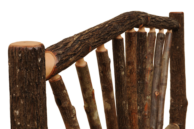 Close-up of the Uncompahgre Peak Hickory Sunburst Bed bark-on hickory post and spokes