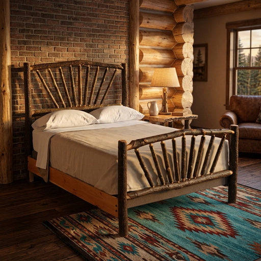 Uncompahgre Peak Hickory Sunburst Bed staged in a brick and log lodge bedroom with a turquoise southwestern rug