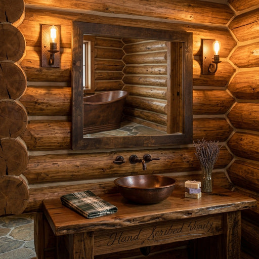 Ute Peak Pine Wall Mirror staged above a rustic vanity in a log cabin bathroom