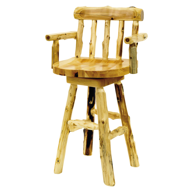 Angled view of the Vasquez Peak Cedar Swivel Stool with Back and Arms