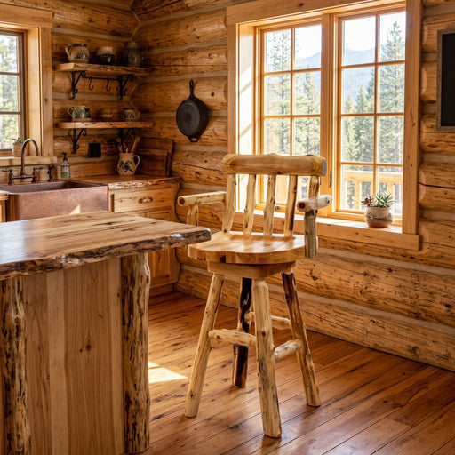 Vasquez Peak Cedar Swivel Stool with Back and Arms staged in a sunlit log cabin kitchen