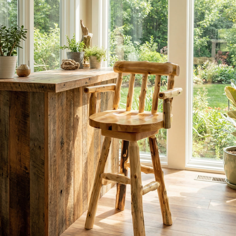 Vasquez Peak Cedar Swivel Stool with Back and Arms at a rustic kitchen counter