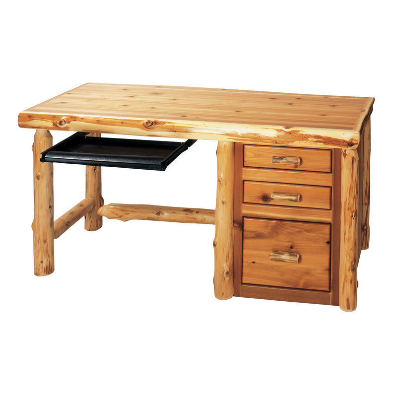 Angled view of the Venable Peak Cedar Log File Desk with Keyboard Tray