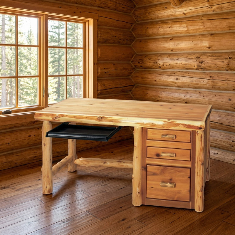 Venable Peak Cedar Log File Desk with Keyboard Tray staged in a sunlit log cabin home office