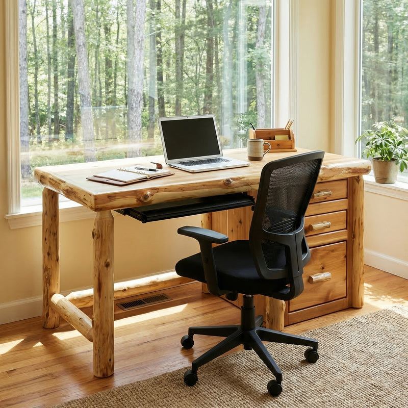 Venable Peak Cedar Log File Desk with Keyboard Tray in Natural with a right side file drawer