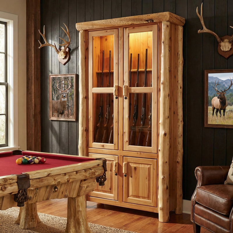 Vermejo Peak Cedar Log Eight Gun Cabinet in a rustic lodge game room