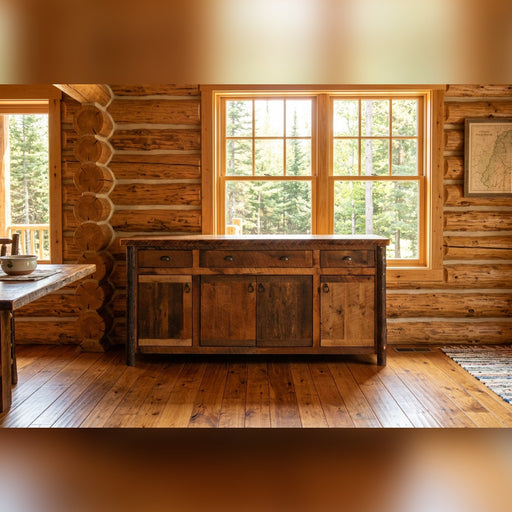 Vermilion Peak Barnwood and Hickory Long Buffet staged in a sunlit log cabin dining room