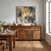 Vermilion Peak Barnwood and Hickory Long Buffet in a bright cabin dining room