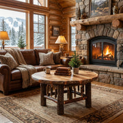 Vermillion Peak Hickory Log Round Coffee Table in front of a leather sofa and stone fireplace in a log cabin living room